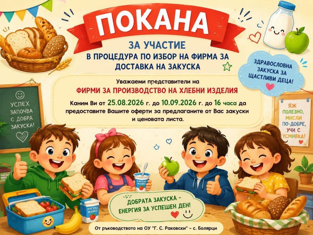ПОКАНА ЗА УЧАСТИЕ В ПРОЦЕДУРА ПО ИЗБОР НА ФИРМА ЗА ДОСТАВКА НА ЗАКУСКА